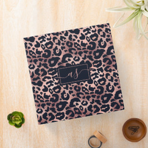 Chic Rose Gold Black Leopard Print Monogrammed 3 Ring Binder