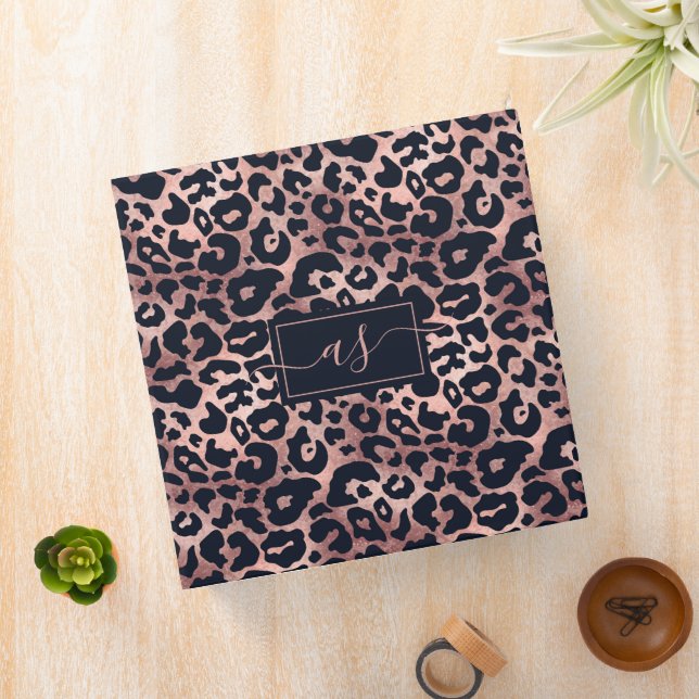 Chic Rose Gold Black Leopard Print Monogrammed 3 Ring Binder (In Situ)