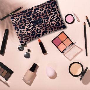 Chic Rose Gold Black Leopard Print Monogrammed Accessory Pouch