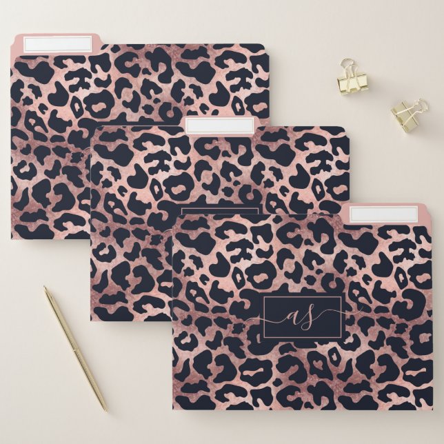 Chic Rose Gold Black Leopard Print Monogrammed File Folder (Set)