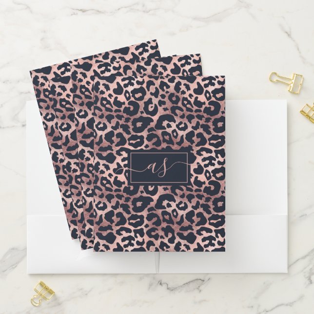 Chic Rose Gold Black Leopard Print Monogrammed Pocket Folder (In Situ)