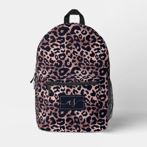 Chic Rose Gold Black Leopard Print Monogrammed Printed Backpack