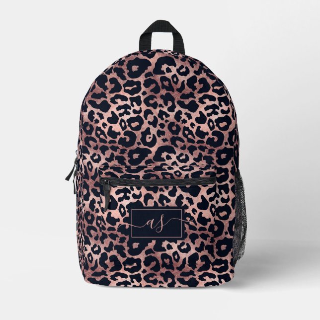 Chic Rose Gold Black Leopard Print Monogrammed Printed Backpack (Front)