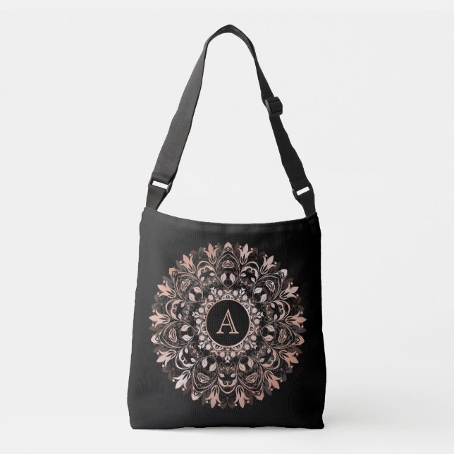 Chic Rose Gold Black Mandala Monogram Crossbody Bag (Front)