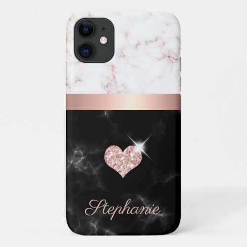 Chic Rose Gold Black Marble Glitter Heart Name iPhone 11 Case