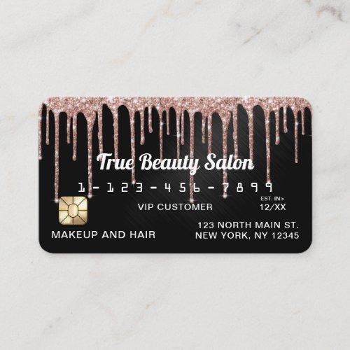 Chic Rose Gold Black Metallic Glitter Drips Credit Business Card