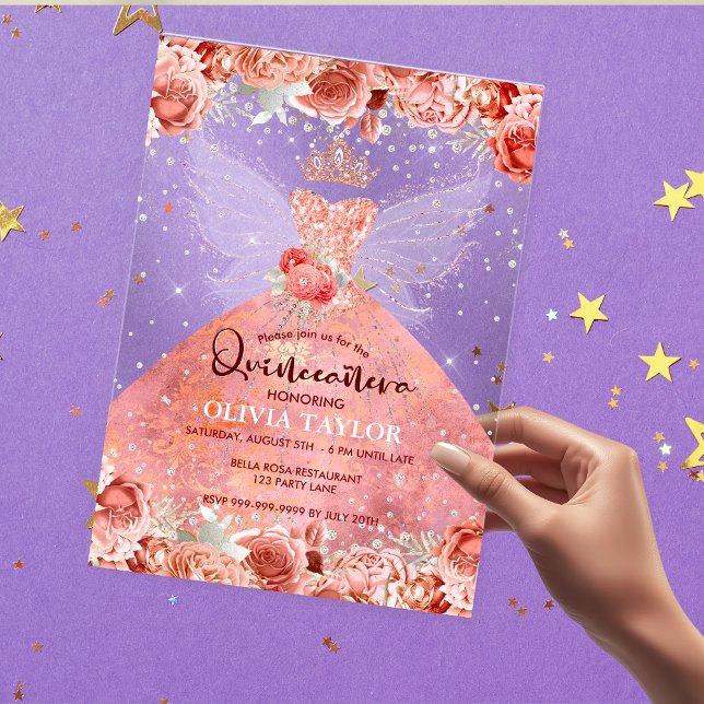 Chic rose gold blush dress floral Quinceanera Acrylic Invitations (Creator Uploaded)