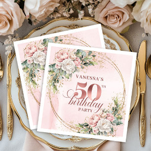 Chic Rose Gold Blush Floral Greenery 50th Birthday Napkins