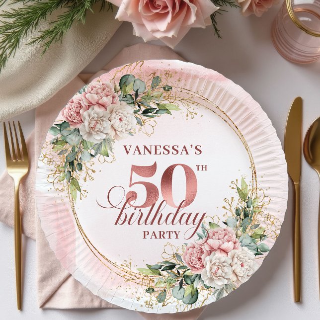 Chic Rose Gold Blush Floral Greenery 50th Birthday Paper Plates (Chic Rose Gold Blush Floral Greenery 50th Birthday Paper Plates

)