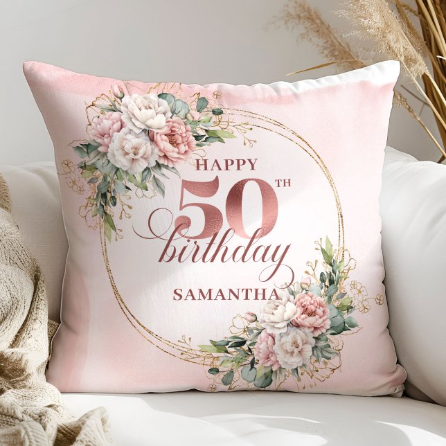 Chic Rose Gold Blush Flowers 50th Birthday Decor  Throw Pillow (Chic Rose Gold Blush Flowers 50th Birthday Decorative Gift

)