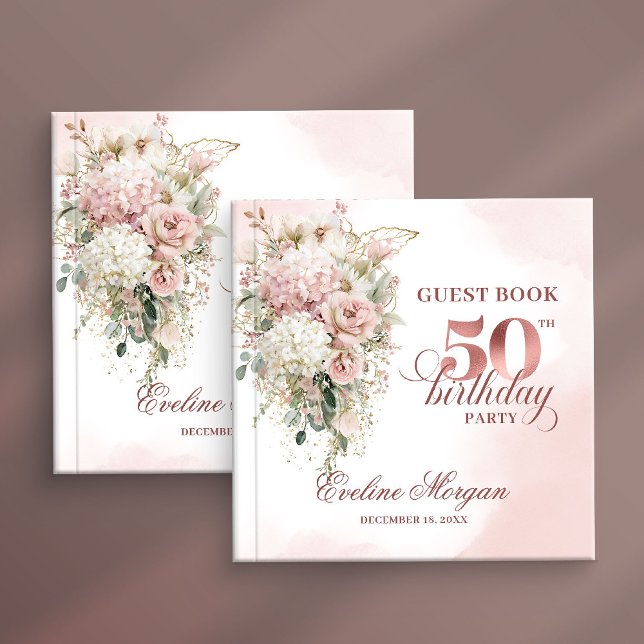 Chic Rose Gold Blush Flowers 50th Birthday Guestbo Guest Book (Chic Rose Gold Blush Flowers 50th Birthday Guestbook)
