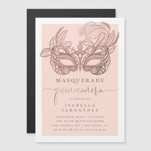 Chic Rose Gold  Blush Masquerade Quinceaera Magnetic Invitation