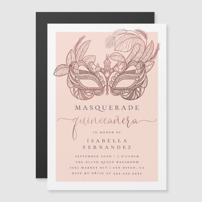 Chic Rose Gold & Blush Masquerade Quinceañera Magnetic Invitation (Front/Back)