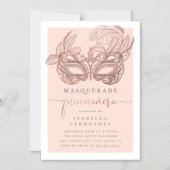 Chic Rose Gold & Blush Masquerade Quinceañera Magnetic Invitation (Front)