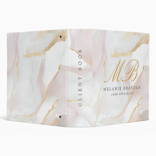 Chic Rose Gold Blush Pink Marble Monogram Business 3 Ring Binder (Background)