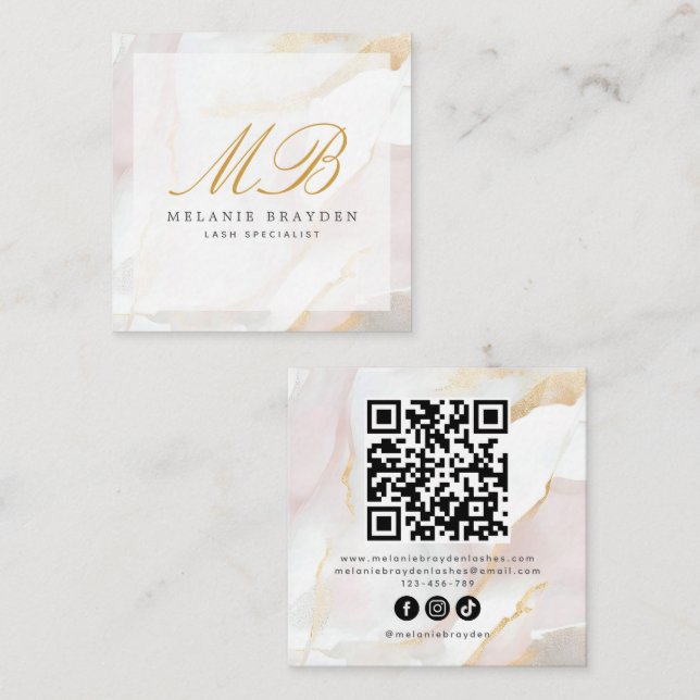 Chic Rose Gold Blush Pink Marble Monogram QR Code Square Business Card (Front/Back)
