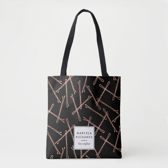 Chic Rose Gold Bobby Pins Black Personalized Tote Bag (Front)
