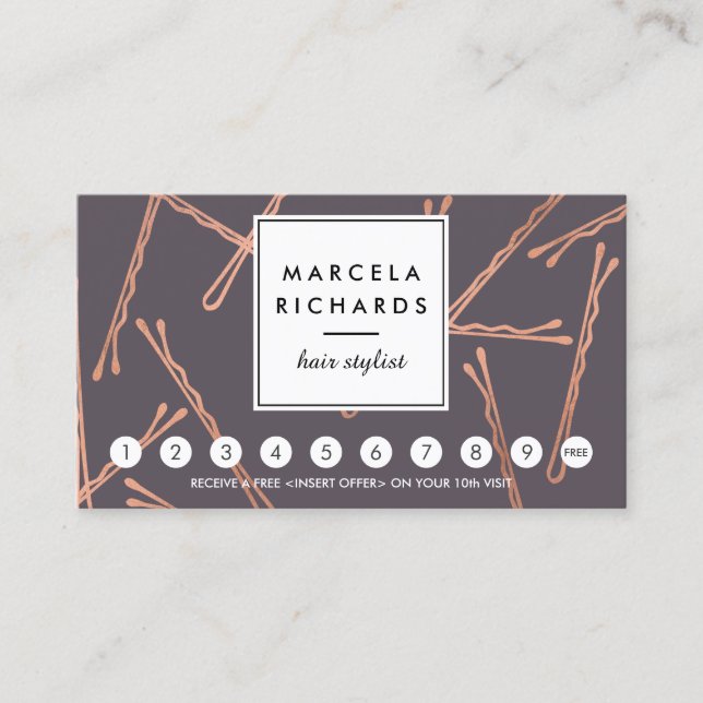 Chic Rose Gold Bobby Pins Hair Salon Gray Loyalty Card (Front)