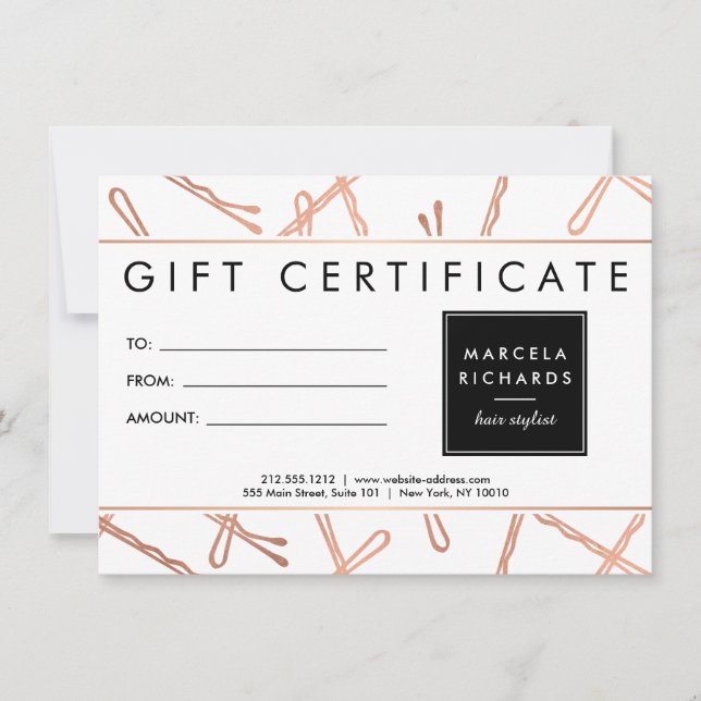 Chic Rose Gold Bobby Pins Hair Stylist Gift Card (Front)