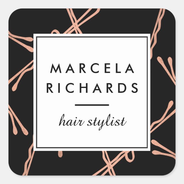Chic Rose Gold Bobby Pins Hair Stylist Salon Black Square Sticker (Front)