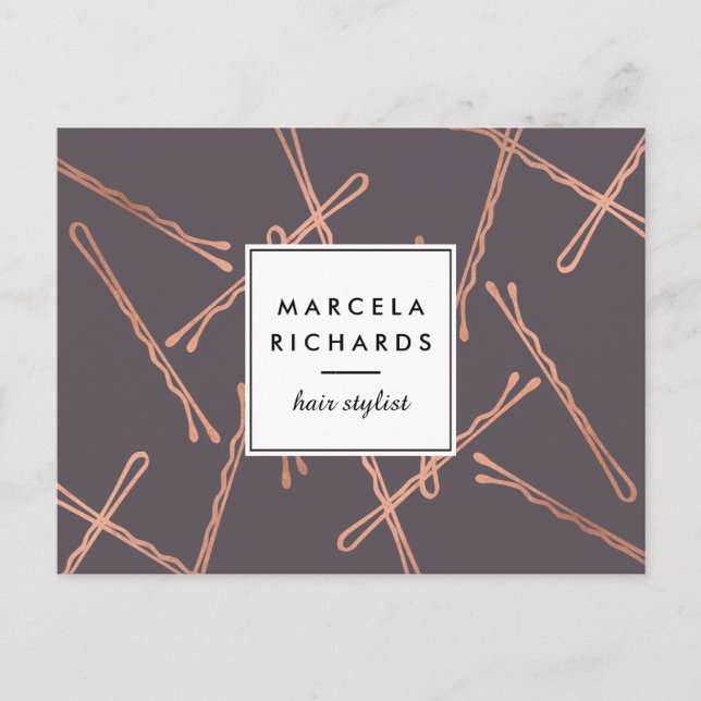 Chic Rose Gold Bobby Pins Hair Stylist Salon Gray Postcard (Front)