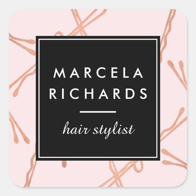 Chic Rose Gold Bobby Pins Hair Stylist Salon Pink Square Sticker (Front)