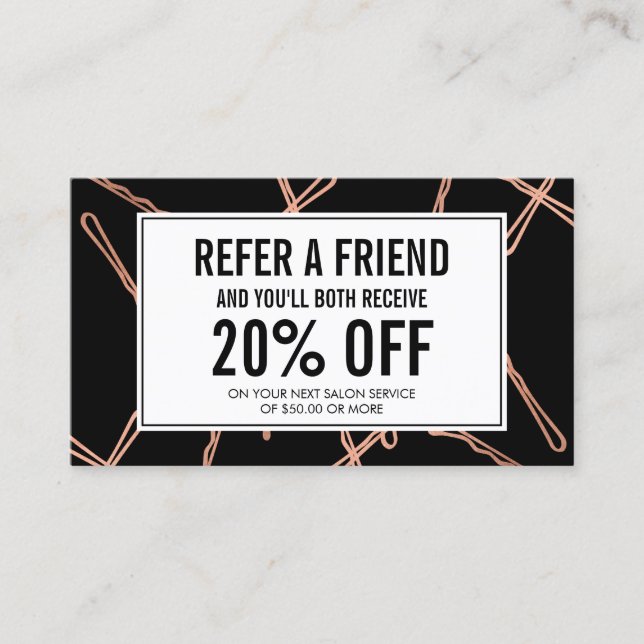 Chic Rose Gold Bobby Pins on Black Referral Card (Front)