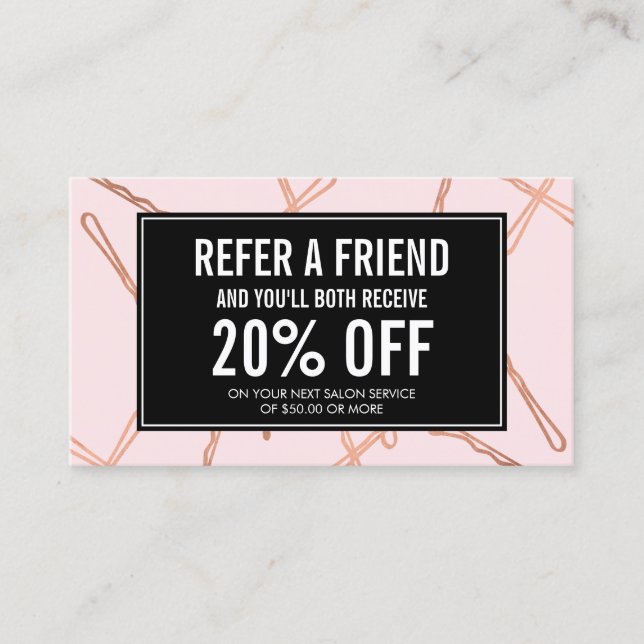 Chic Rose Gold Bobby Pins on Pink Referral Card (Front)