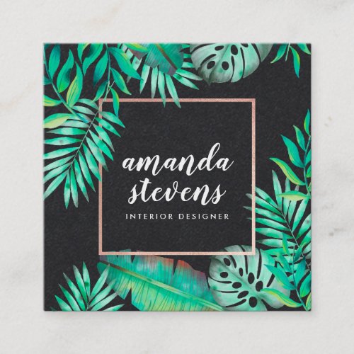 Chic rose gold border watercolor tropical kraft square business card
