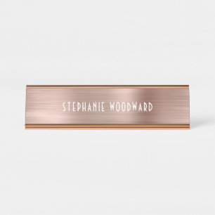 Chic Rose Gold Brushed Metal Art Deco Typography Desk Name Plate
