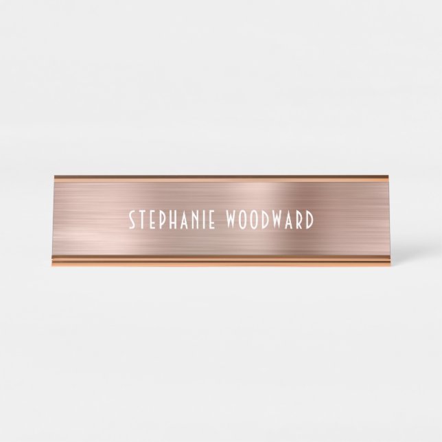 Chic Rose Gold Brushed Metal Art Deco Typography Desk Name Plate (Front)