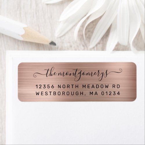 Chic Rose Gold Brushed Metal Family Return Address Label