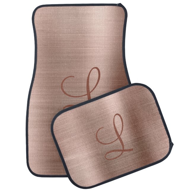 Chic Rose Gold Brushed Metal Monogram Initial Car Floor Mat (Set)