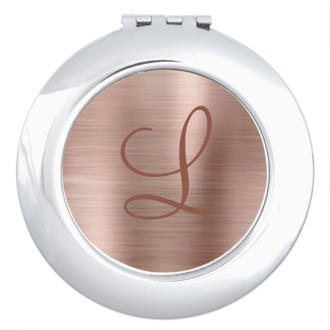 Chic Rose Gold Brushed Metal Monogram Initial Compact Mirror (Front)