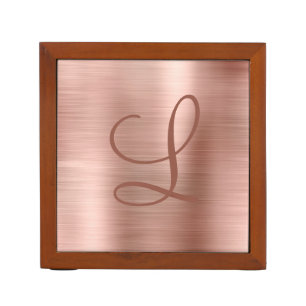 Chic Rose Gold Brushed Metal Monogram Initial Desk Organizer
