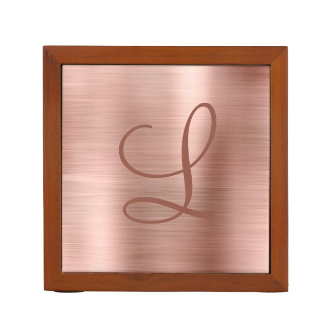 Chic Rose Gold Brushed Metal Monogram Initial Desk Organizer (Front)