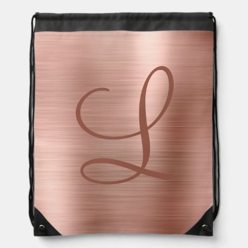 Chic Rose Gold Brushed Metal Monogram Initial Drawstring Bag