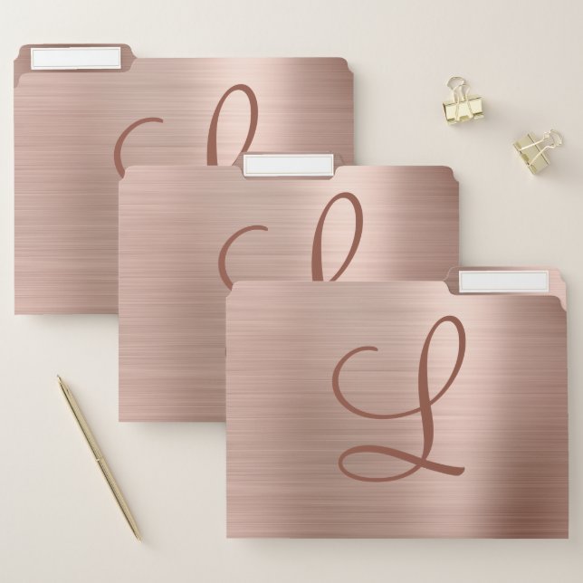 Chic Rose Gold Brushed Metal Monogram Initial File Folder (Set)