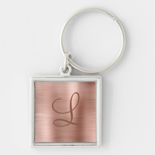 Chic Rose Gold Brushed Metal Monogram Initial Keychain