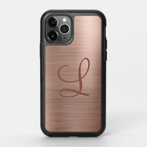 Chic Rose Gold Brushed Metal Monogram Initial OtterBox Symmetry iPhone 11 Pro Case