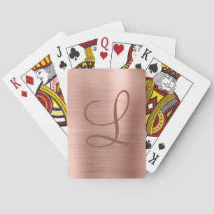 Chic Rose Gold Brushed Metal Monogram Initial Poker Cards