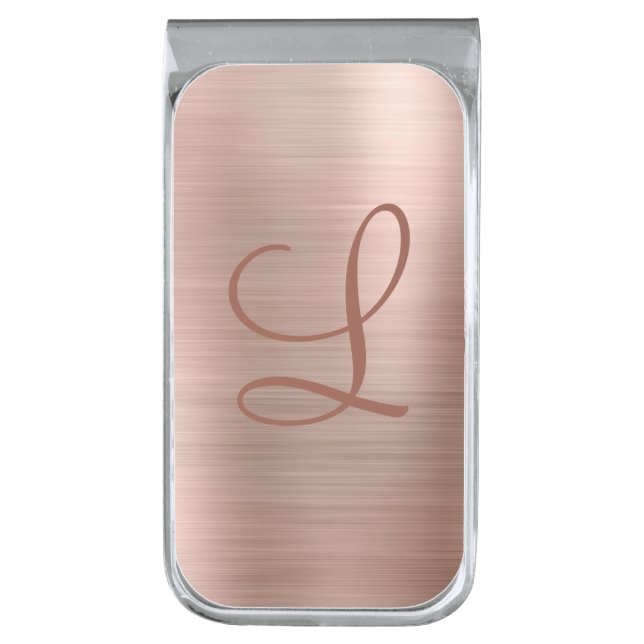 Chic Rose Gold Brushed Metal Monogram Initial Silver Finish Money Clip (Front Vertical)