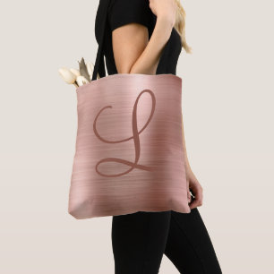Chic Rose Gold Brushed Metal Monogram Initial Tote Bag