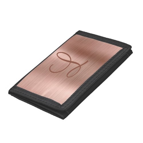 Chic Rose Gold Brushed Metal Monogram Initial Trifold Wallet