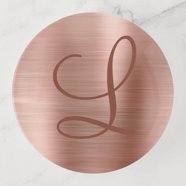 Chic Rose Gold Brushed Metal Monogram Initial Trinket Tray (Front)