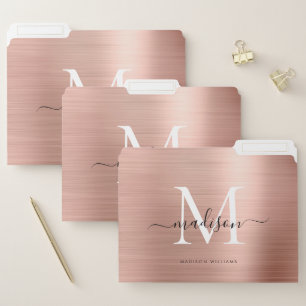 Chic Rose Gold Brushed Metal Monogram Script Name File Folder