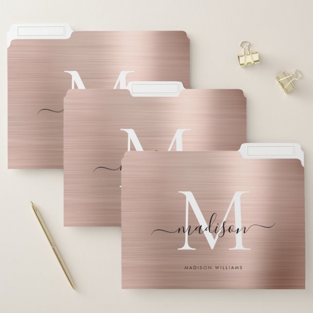 Chic Rose Gold Brushed Metal Monogram Script Name File Folder (Set)