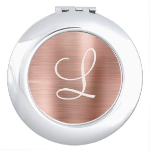 Chic Rose Gold Brushed Metal Pink Monogram Compact Mirror