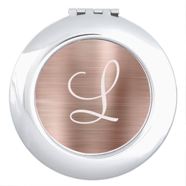 Chic Rose Gold Brushed Metal Pink Monogram Compact Mirror (Front)