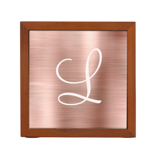 Chic Rose Gold Brushed Metal Pink Monogram Desk Organizer